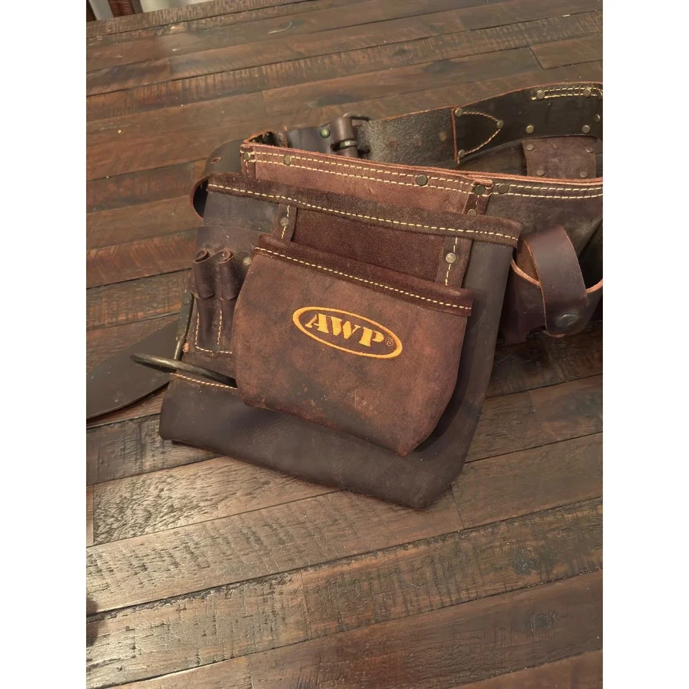 AWP Oil Tanned Leather Tool Belt Brown Heavy Duty Carpenter Construction Apron